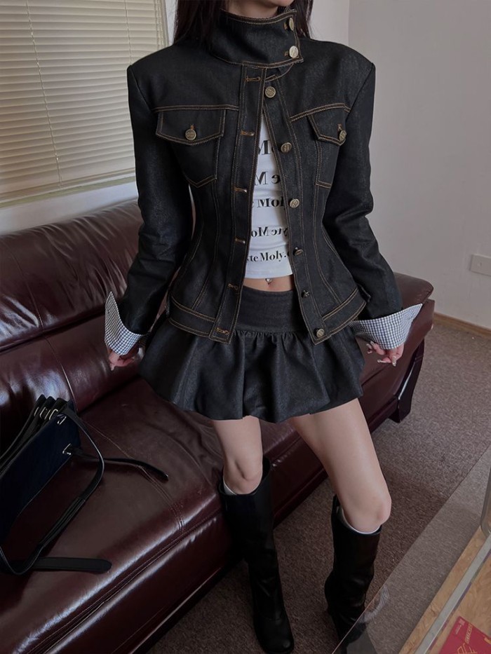 ชุดย้อนยุคสองชิ้นสำหรับผู้หญิง รวมแจ็คเก็ตสั้นและกระโปรงสั้น ลายดอกไม้น่ารัก