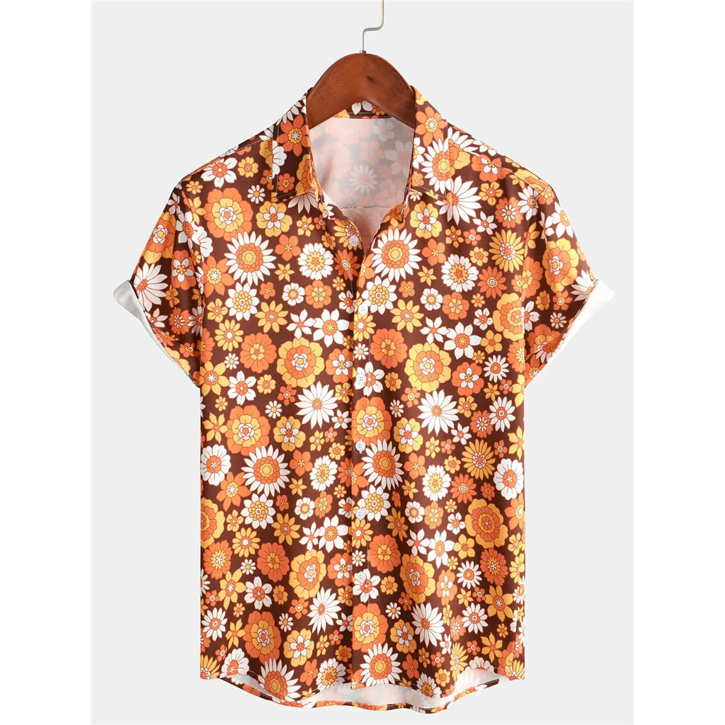 Mens Vintage Floral Beach Shirt 70s Style Short Sleeve Summer Wear