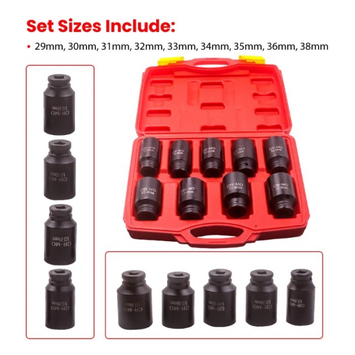 9Pcs 1/2" Drive 6 Point Axle Nut Hub Air Impact Deep Socket Set 29-38mm Pneumatic Sleeve Adapter Wr