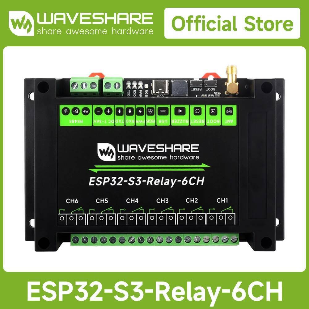 Waveshare อุตสาหกรรม 6-Channel ESP32-S3 โมดูลรีเลย์ WiFi, รองรับการควบคุม WiFi / Bluetooth / RS485, 