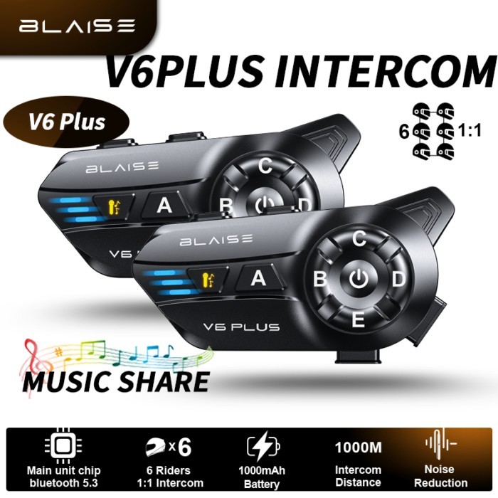 BLAISE V6 Plus Motorcycle Intercom Helmet Waterproof Headset Wireless Type C Motorcycle