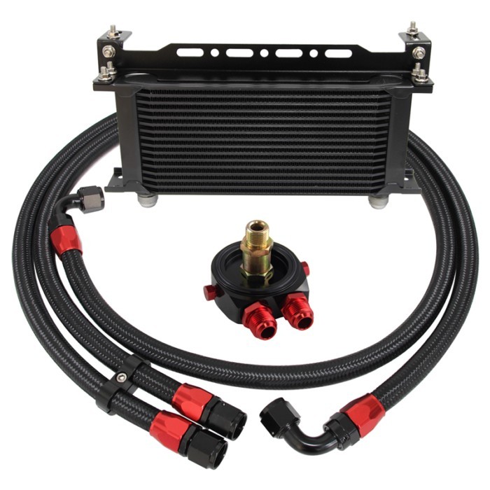 16 Row 248mm AN10 Universal Engine Transmission Oil Cooler w/Bracket + Aluminum Filter Hose End Kit