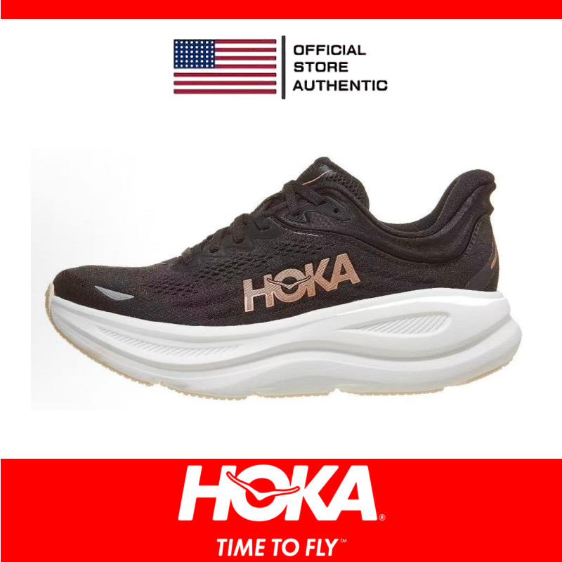 รองเท้าผ้าใบ HOKA One Bondi 9 ของแท้ 100% สำหรับทุกเพศ สีดำและทอง
