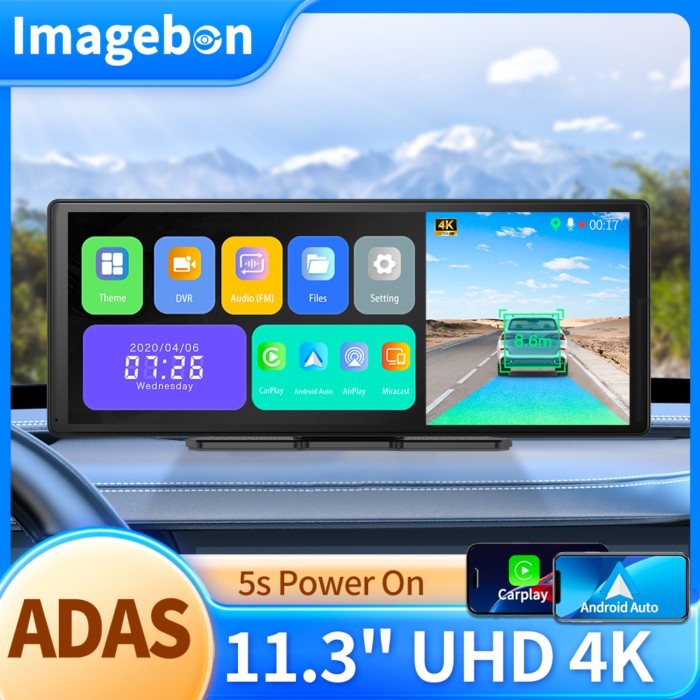 Imagebon 11.3 4K ADAS Rearview Mirror Camera Wireless CarPlay & Android Auto 3 Channel Recording Da