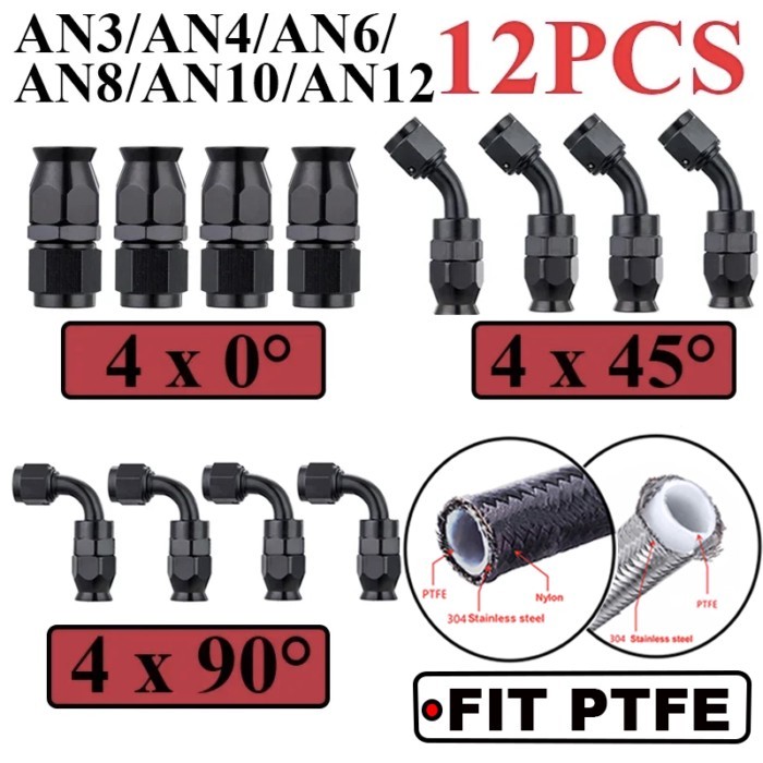 12Pcs Universal AN3 AN4 AN6 AN8 AN10 Straight 45 90 Degree Reusable Hose End Fittings Adapter For S
