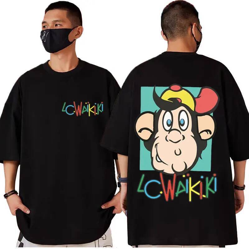 เสื้อยืดพิมพ์ลายสองด้าน Lc Waikiki Monkey สำหรับผู้ชายและผู้หญิง แบบการ์ตูน สไตล์ยุค Y2K ไซส์ใหญ่