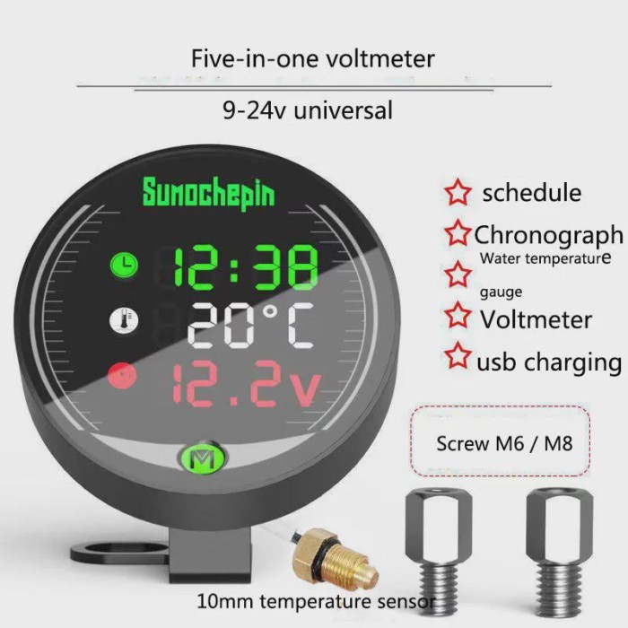 12V Chronometer USB Mobile Phone Charging Waterproof NEW 5-In-1 Motorcycle Modified Water Temperatu