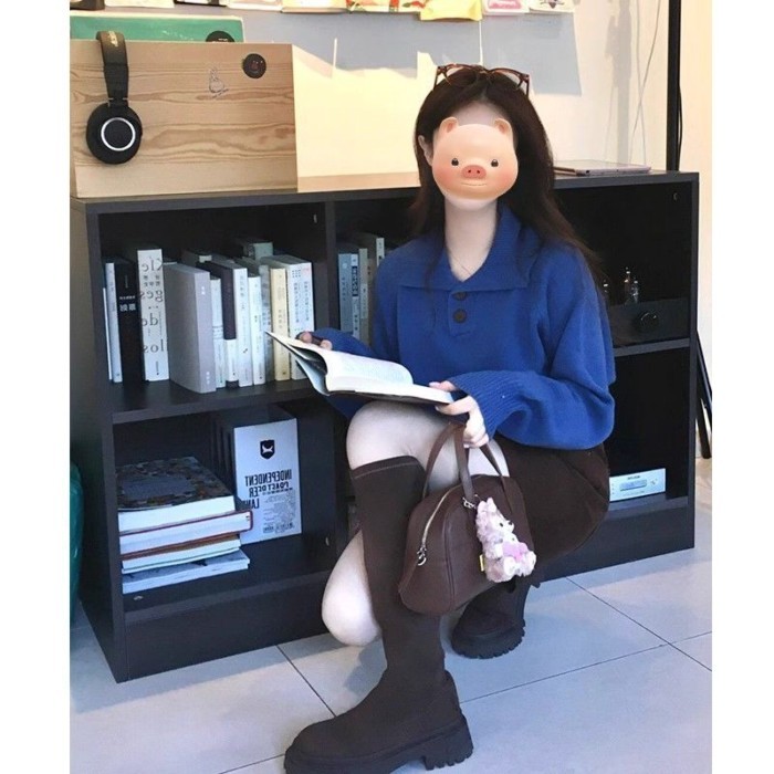 เสื้อกันหนาวแขนยาวสไตล์เกาหลีเรียบง่าย แบบลูกเกลียวคอลายโปโล กิเลนบลูสำหรับผู้หญิง - รูปที่ 3