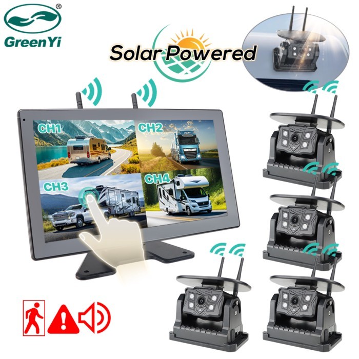 GreenYi 10.1 inch Wireless Car DVR Recorder Monitor 4 Channel Solar Energy Magnetic Camera For Camp
