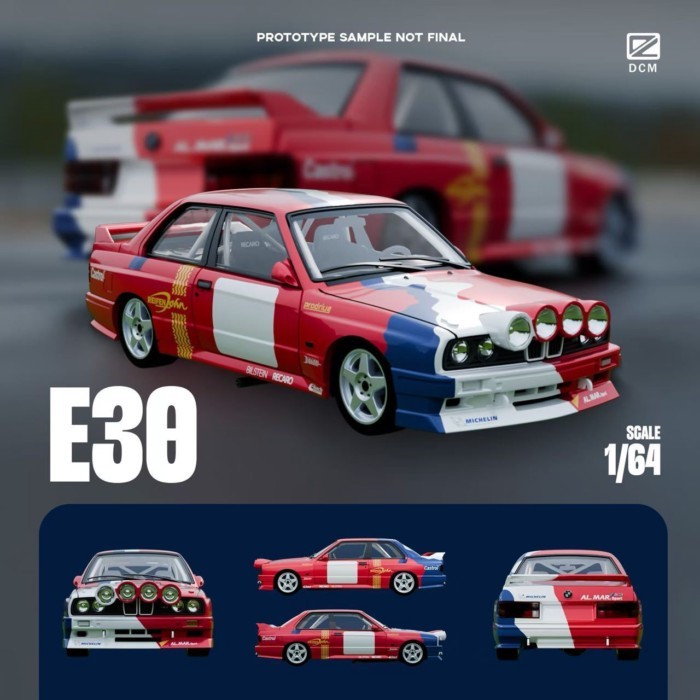 พร้อมสต็อก DCM 1: 64 BMW BMW M3 E30 Rally Coating จําลองรถโลหะผสมรุ่นผลิตภัณฑ์ใหม่