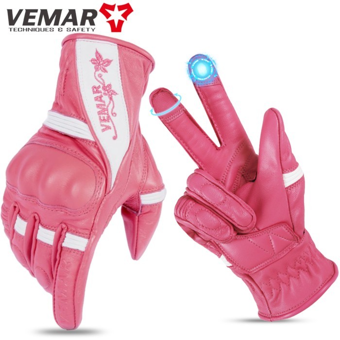 VEMAR Women's Motorcycle Gloves Female Vintage Motorcyclist Gloves Touchscreen Leather Pink Biker G