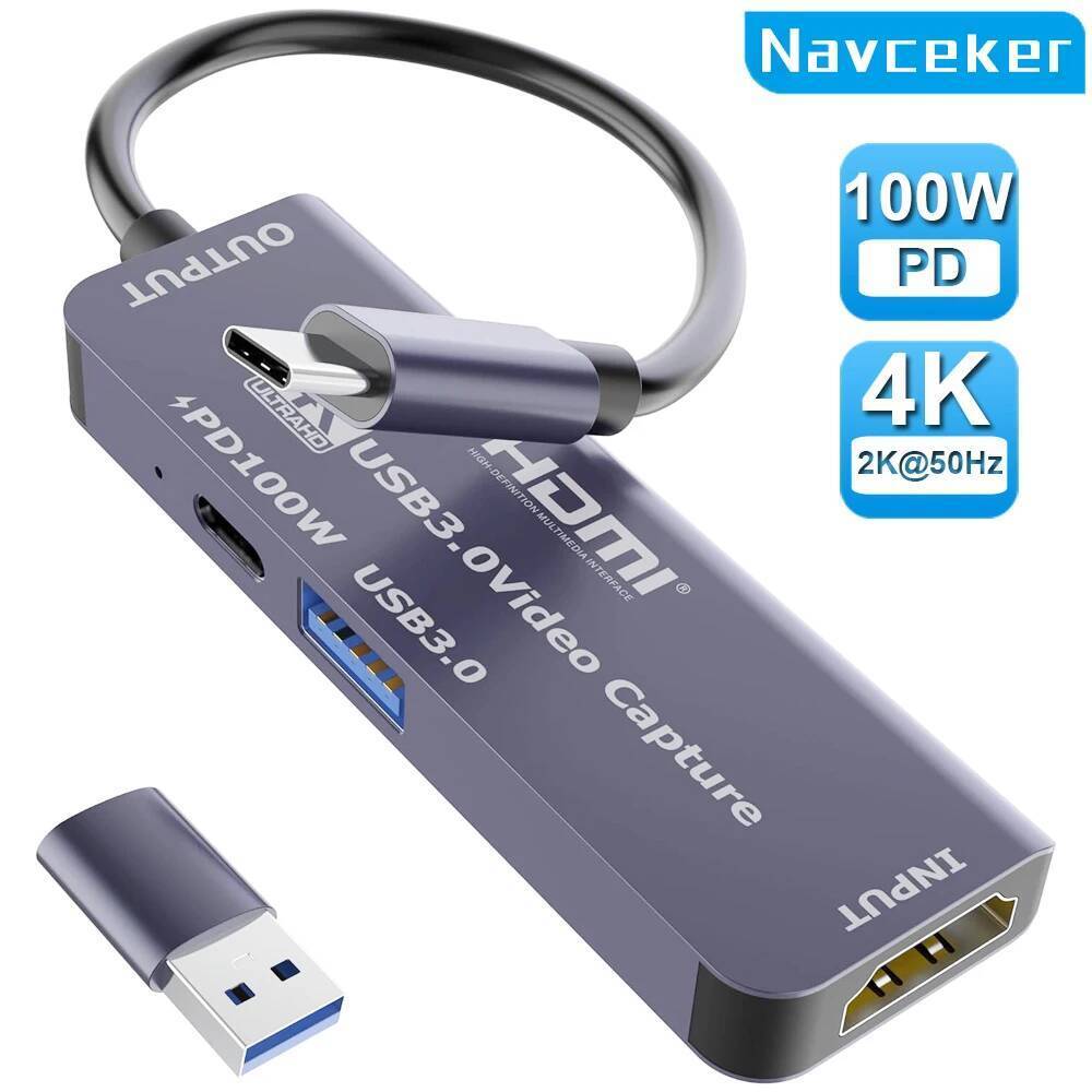 Navceker USB 3.0 การ์ดจับภาพวิดีโอ 100W PD สําหรับ Meta Quest 3 iPad HDMI to USB/Type-c Gaming Live 