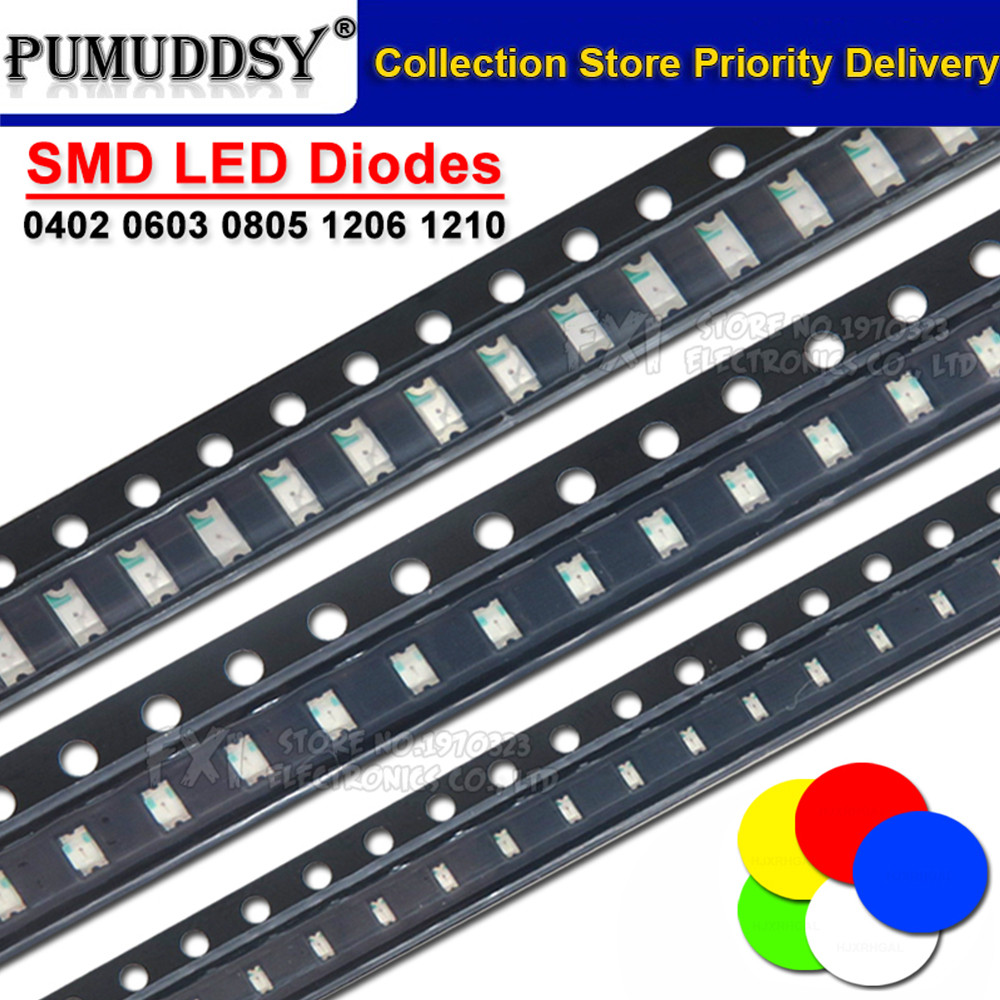 100PCS 0402 0603 0805 1206 1210 SMD LED Diodes แสงสีเหลืองสีแดงสีเขียวสีฟ้าสีขาว