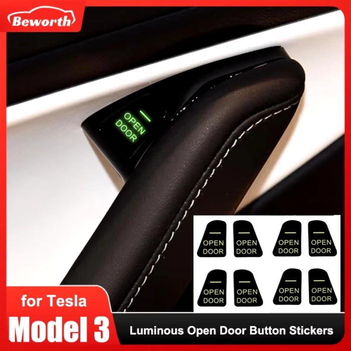 8pcs Luminous Car Open Door Button Stickers For Tesla Model 3 2022 Reminder Door Open Sticker Armre