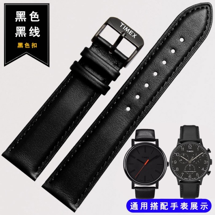 &~TIMEX TIMEX สายนาฬิกาหนังแท้เหมาะสําหรับ TW2R71800 T2N794 สีดําขาหัวเข็มขัด Cowhide สายคล้องผู้ชาย