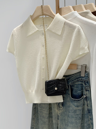 99347เสื้อไหมพรมแขนสั้นทรงเพรียว สไตล์สリム핏 เอวกระชับ