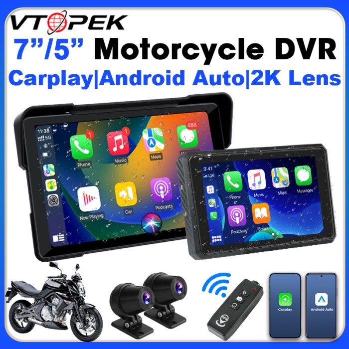 Vtopek 5 inch 7 inch Motorcycle CarPlay Navigation DVR Display Screen IPX7 Waterproof Wireless CarP