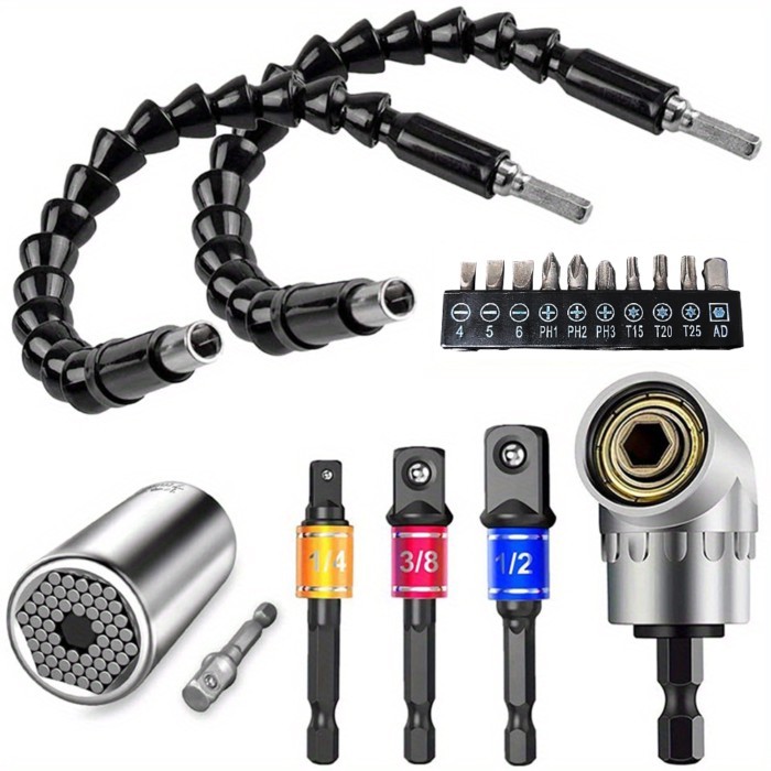 Flexible Drill Extension Hex Shank Drill Nut Driver Bit Set Bendable Drill Bit Extension+Universal
