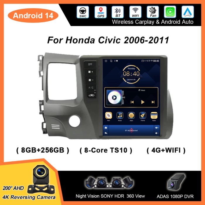 9.7 Inch Android 14 Car Radio Stereo Carplay For Honda Civic 2006-2011 Auto Multimedia Player GPS N