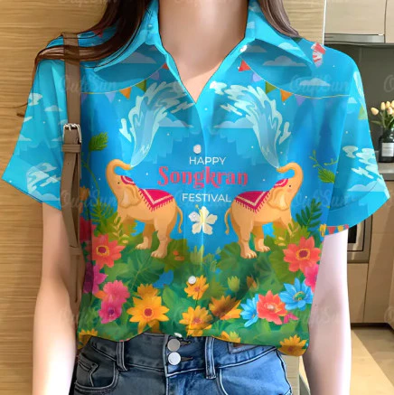 เสื้อสงกรานต์ผู้หญิงลายดอก แขนสั้น ทรงหลวม