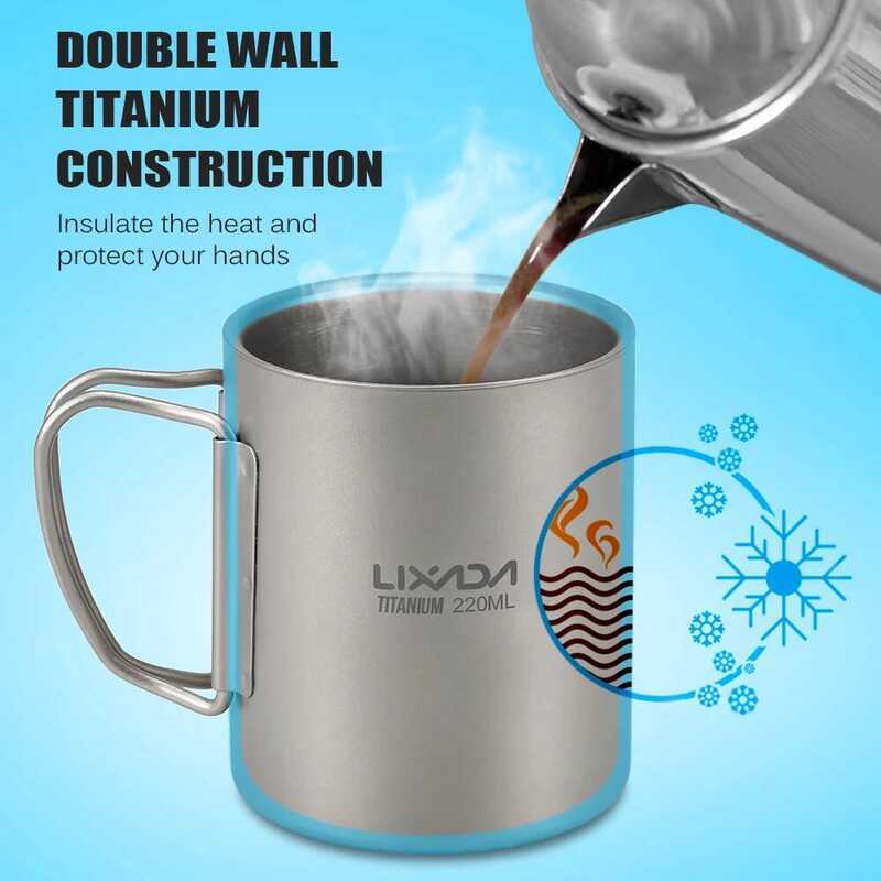 C Lixada Camping Titanium Mug Double Wall Titanium Mug Outdoor Picnic Cookware Coffee Water Mug Wit