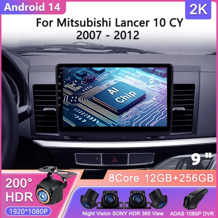 9Inch Android 14 Car Radio Stereo Audio GPS Player with Carplay for MITSUBISHI LANCER 9 10 X 2008-2