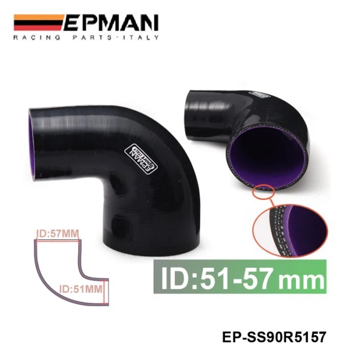 EPMAN - 2" To 2.25" 51-57mm 90Degree 4-Ply Silicone 90 Degree Elbow Reducer Hose Black For AUDI A4