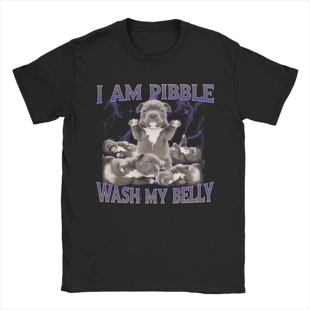 เสื้อยืดฝ้ายแขนสั้นสำหรับผู้ชาย ออกแบบตามธีมมีมสุนัข "Pibble Wash Clean My Belly"