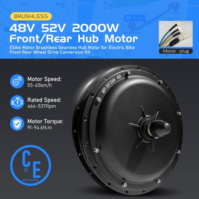 Electric Bike Motor 48V 52V 2000W Front and Rear Brushless Non-gear Hub Motor Wheel for Ebike Conve