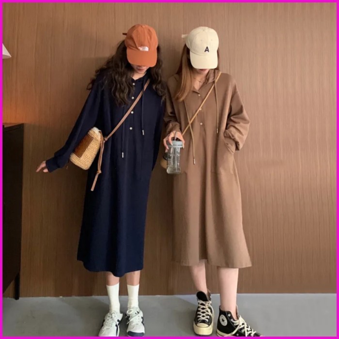 ชุดผู้หญิงไซส์ใหญ่แขนยาวสไตล์เกาหลี คอปลอกPLO ผ้าโพลีเอสเตอร์นุ่ม ทรงกระโปรงตรงยาวถึงเข่า ใส่สบายสำห