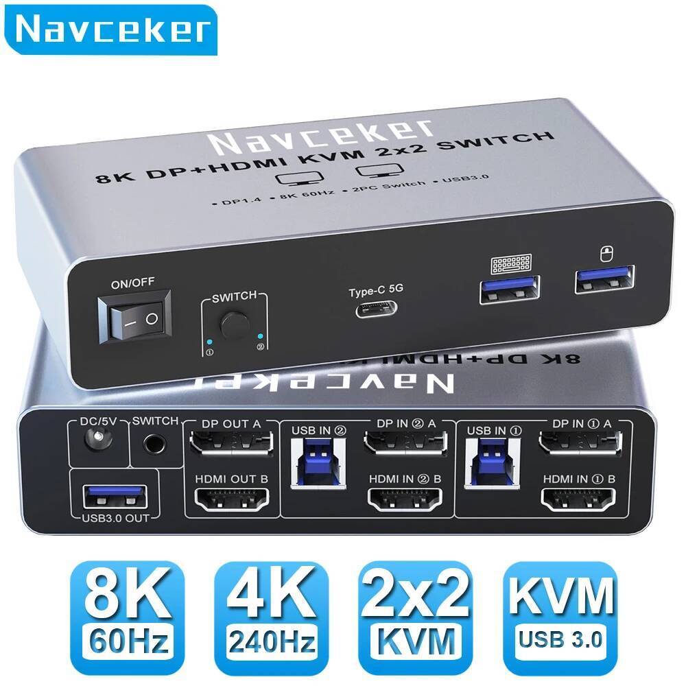 Navceker 4K 240Hz 2x2 HDMI DP KVM Switch Dual Monitor Extended Display USB KVM Switcher 2 in 2 out ส