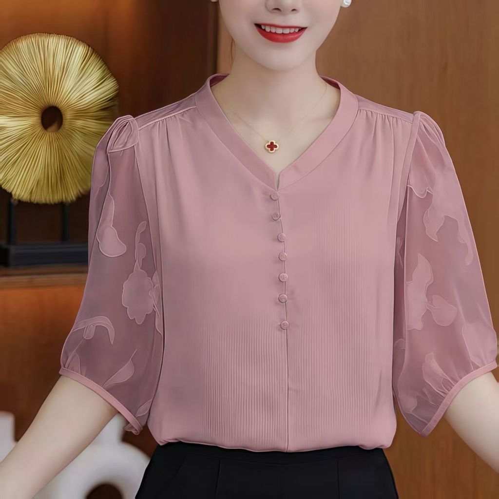 พร้อมสต็อกของเสื้อชีฟองแขนกลางพิมพ์ลายสําหรับผู้หญิงวัยกลางคนแฟชั่นฤดูร้อนทรงหลวมไซส์ใหญ่เข้ารูป