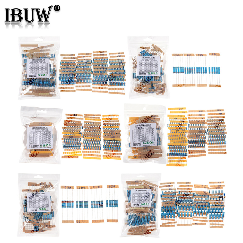 1/4W 1/2W 1W 2W 3W ความต้านทานชุด 1% โลหะฟิล์ม Resistor Assortment Kit 1K ~ 820K 0.1R ~ 750R 10K