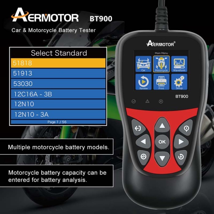 AERMOTOR BT900 6V 12V Car Motorcycle Battery Tester Battery System Test Tool Auto Battery Analyzer