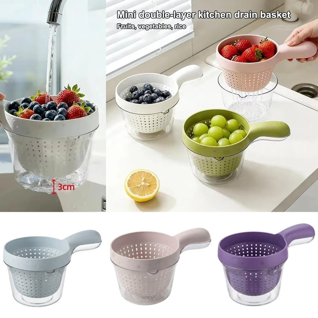 2PCS 2IN1 ห้องครัวผลไม้ Drainer พร้อมที่จับเครื่องซักผ้าผัก Double-Layer อาหาร-เกรดหนาแขวนผนังตะกร้าผลไม้อุปกรณ์ทําความสะอาดห้องครัว