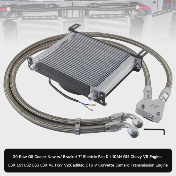 Engine Universal AN10 30 Row Oil Cooler + Oil Lines 7'' Fan Bracket Kit  V8 For Corvette C5 C6 C7 L