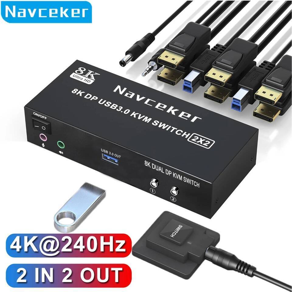 Navceker 4K 240Hz Dual Monitor DP 2.0 KVM Switch 8K USB 3.0 Displayport KVM Switch 2 in 2 out Displa