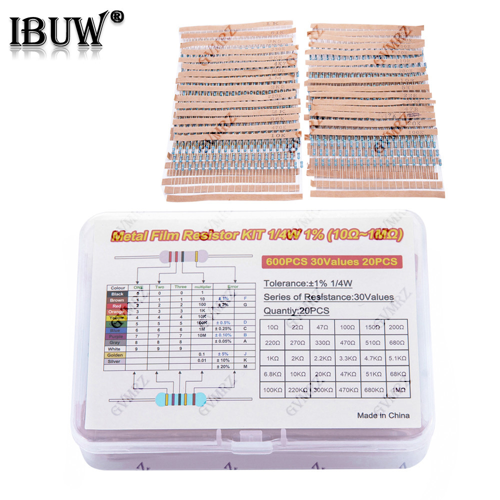 600PCS 30Values 1/4W Metal Film Resistor Assortment Kit - แต่ละ 20 ชิ้น, กล่องสําหรับ Electronics DI