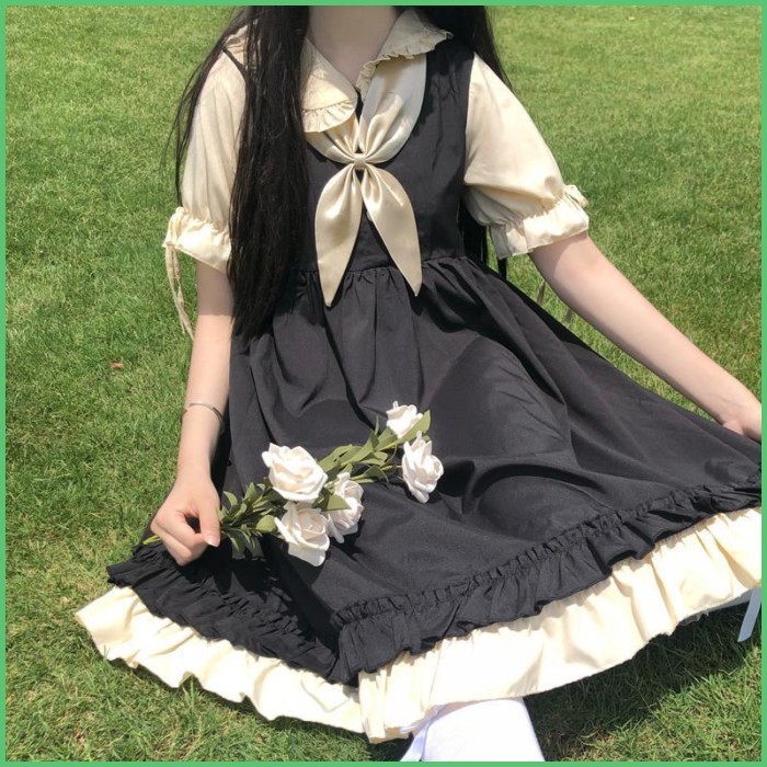 ชุดเดรสลอลิต้าสไตล์ญี่ปุ่นน่ารักหวานผูกโบว์ดีไซน์เทียมสองชิ้นตัดต่อเอวสูง ระบายชายเสื้อ ทรงกระโปรงฟู