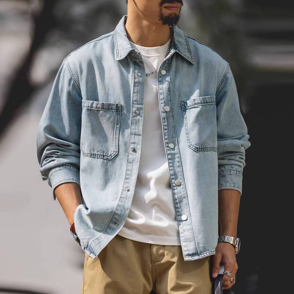 Wuluwear เคลือบสีฟ้าล้าง Laisel Denim เสื้อผู้ชาย 2026 ฤดูใบไม้ผลิใหม่ลำลอง Lapel Workwear เสื้อ