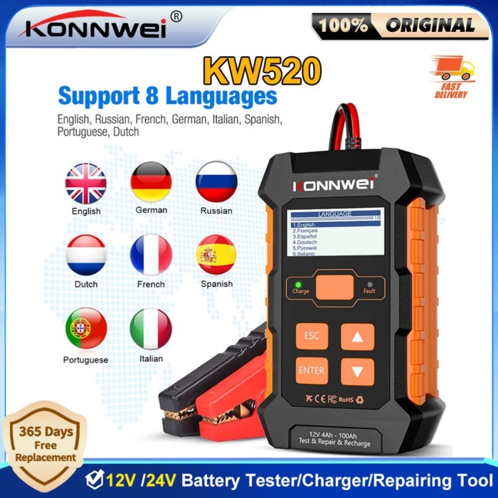 2025New KONNWEI KW520 12V 10A 24V 5A Automatic Car Truck Battery Tester Charger Lead Acid Car Batte