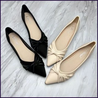 รองเท้าส้นแบนหัวแหลมสไตล์ฝรั่งเศส ลายสก็อตสีดำ สีแอพริคอต พื…