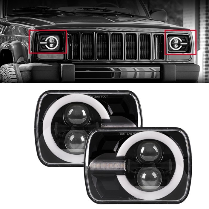 5x7 7x6 Inch Black Rectangular LED Headlight with Hi/Low DRL Lighting For Jeep Wrangler YJ Cherokee