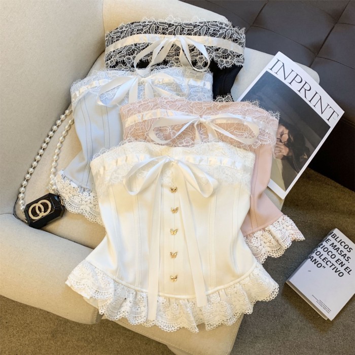 อารมณ์หวาน All-Match ลูกไม้ Trim ลูกไม้ Bow Slim-Fit Slimmer ดูผีเสื้อหัวเข็มขัดสั้น Tube Top V