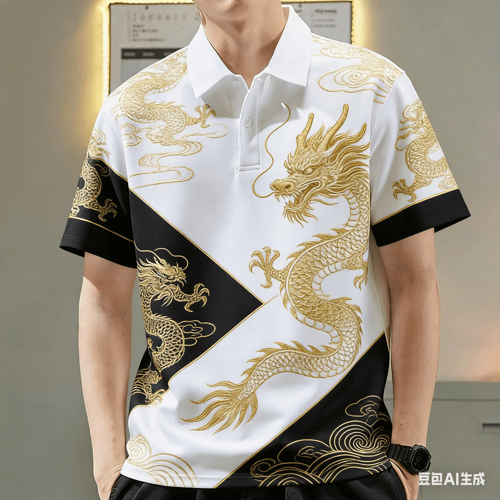 เสื้อโปโลผู้ชาย พร้อมลายจีนมังกร กราฟิกพิมพ์ เสื้อสวมใส่ง่ายแขนสั้น เหมาะสำหรับการแต่งตัวแนว STREETWEAR