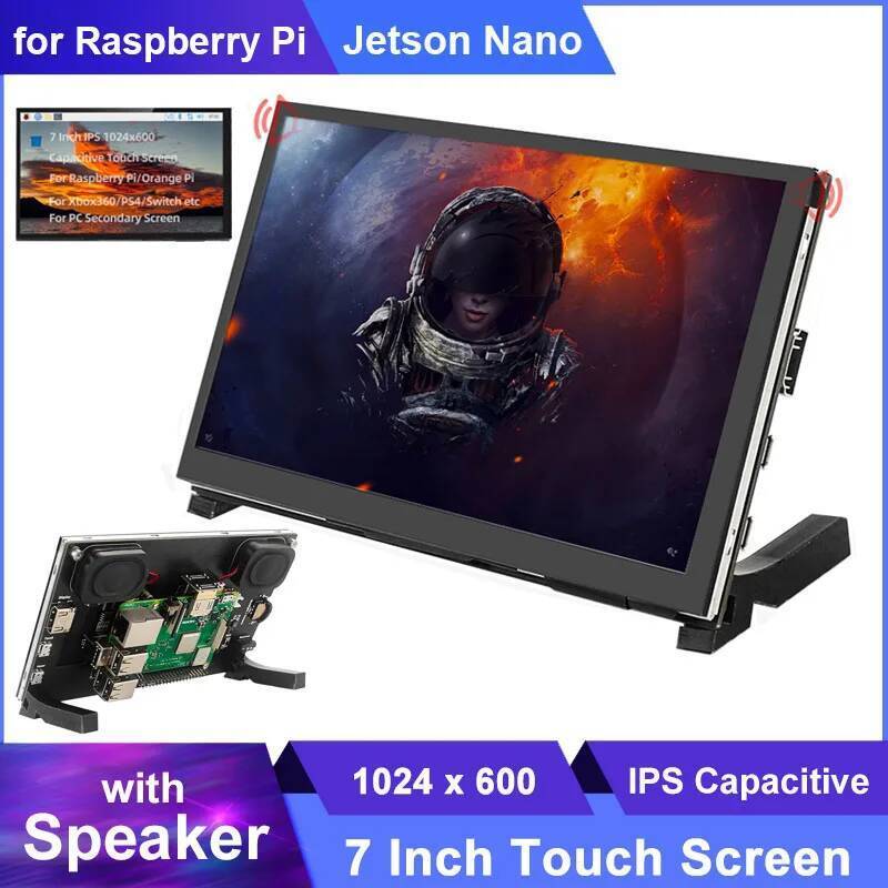 7 นิ้ว Raspberry Pi หน้าจอสัมผัส 1024x600 IPS LCD พร้อมลําโพงสําหรับ Raspberry Pi 5 4 3B + 3B / Jets