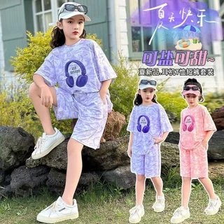 Akaki🌼 ชุดกีฬาฤดูร้อนสำหรับเด็กผู้หญิงปี 2026 สไตล์ใหม่เสื้อลำลองแขนสั้นและกางเกงขาสั้นเด็กขนาดกลา
