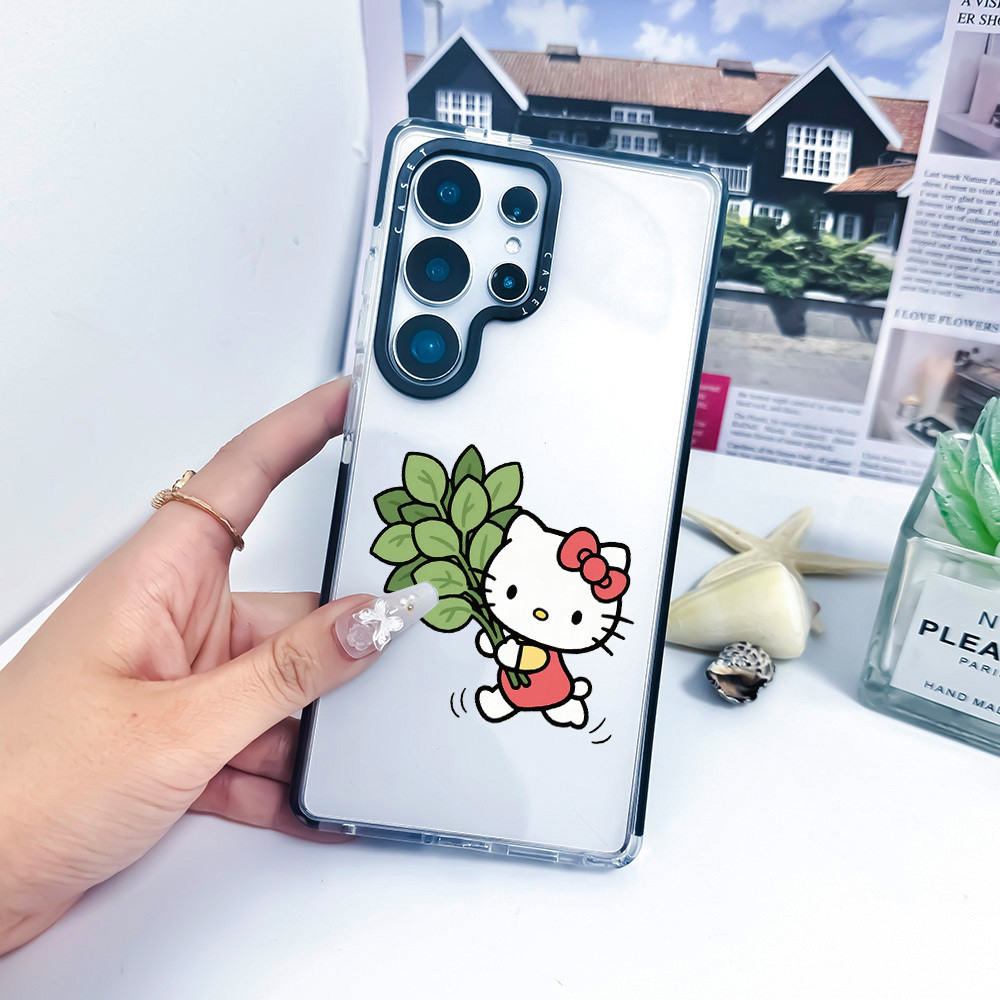 Hello Kitty Holding Pomelo Leaf สติกเกอร์สีสําหรับ Galaxy IPhone S23 S24FE S24 S25 ULTRA ฝาครอบ A54 