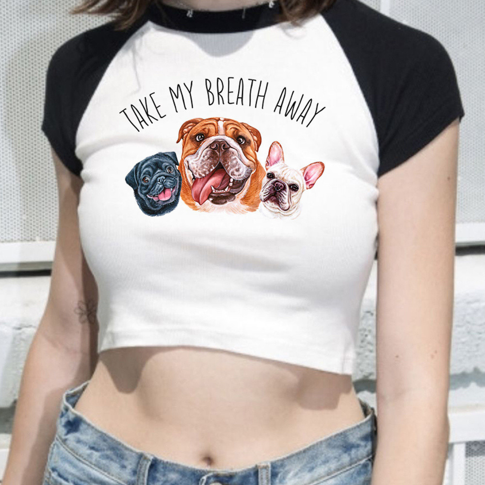 Crop Top ดีไซน์ French Bulldog สไตล์ Grunge Vintage สำหรับฤดูร้อน