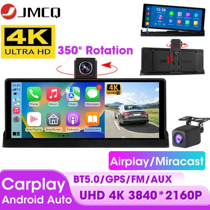 JMCQ 10.26" 4K Dash Cam Wireless Carplay & Android Auto 350° Rotation Car DVR 4K Front 1080P Rear C